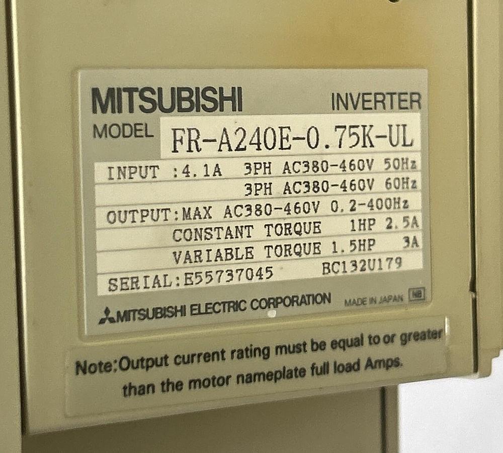 Used MITSUBISHI,FR-A240E-0.75K-UL,INVERTER DRIVE 1HP