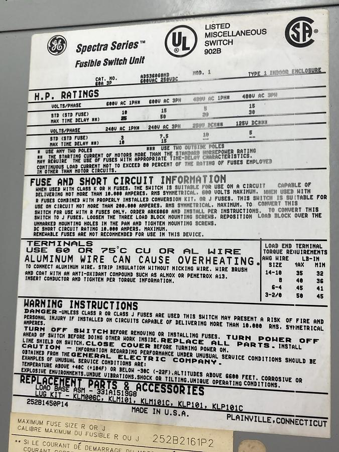 GE,ADS36060HD,Fusible Panelboards Switch Unit 60A 600V 50HP 3P Spectra Series