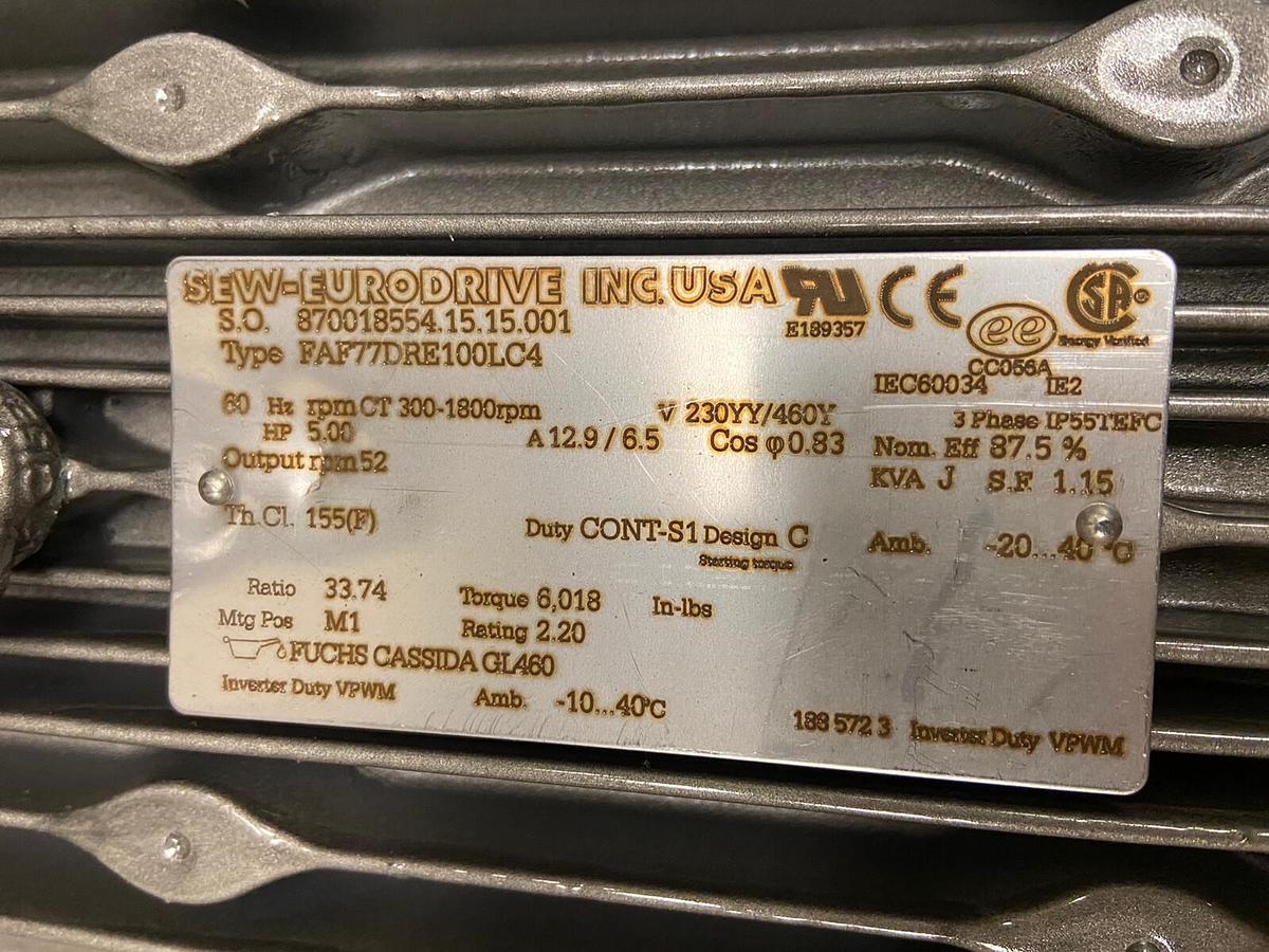 SEW Eurodrive,FAF77DRE100LC4,Gearmotor 5Hp Ratio 33.74 Torq 6018 In-Lbs 52RPM