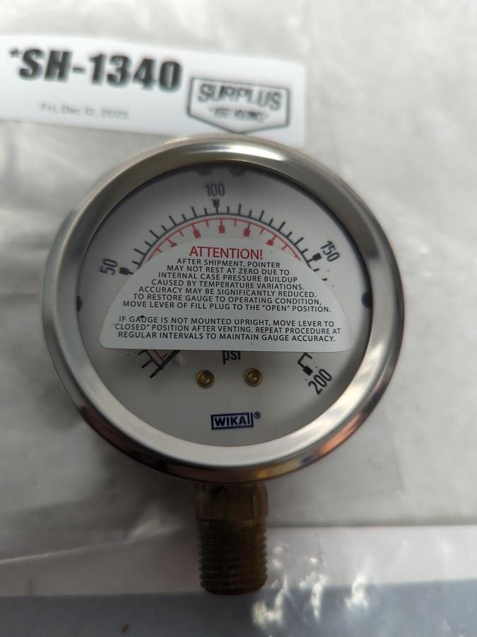 WIKA,0-200,GAUGE 2-1/2 IN FACE 1/4 IN NPT BOTTOM CONNECTION NOS