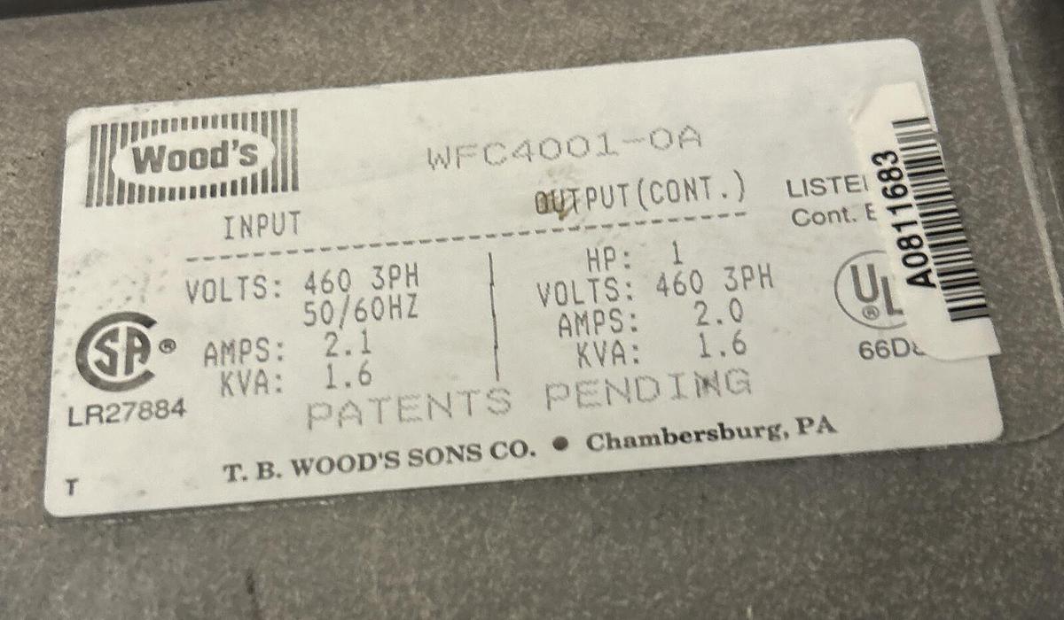 Used TB WOODS,WFC4001-0A,AC DRIVE 2.2A 460V 1HP NO COVER