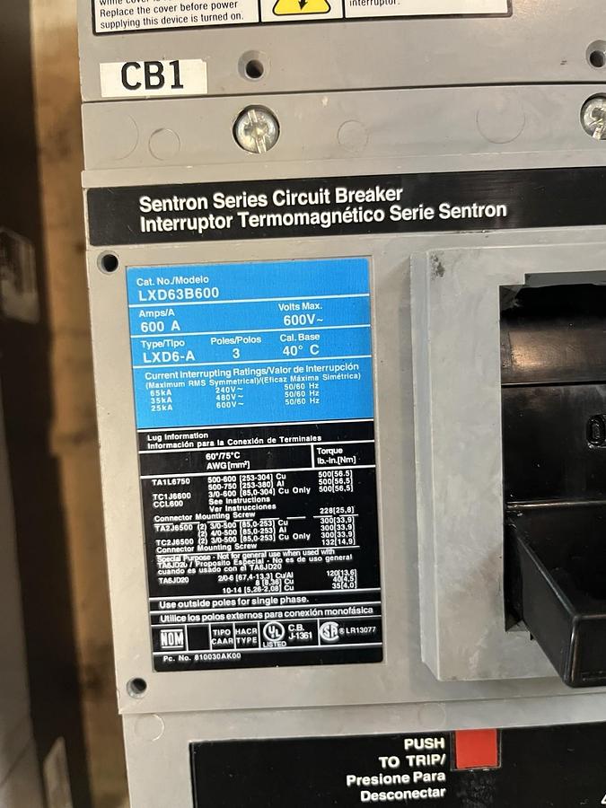 Used SIEMENS,LXD63B600,SENTRON CIRCUIT BREAKER 600 AMP 600V 3P