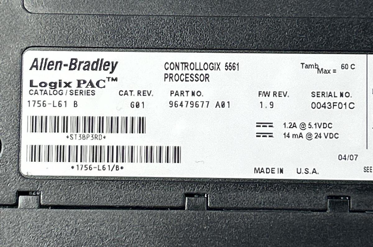 Used ALLEN BRADLEY,1756-L61,SER B CONTROLLOGIX PROCESSOR