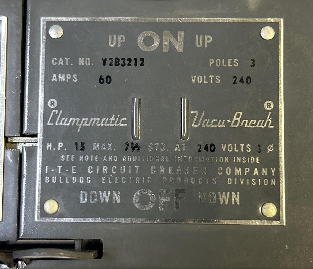 Used ITE,V2B3212,CLAMPAMATIC VACU-BREAK 30A & 60A 240V 3P
