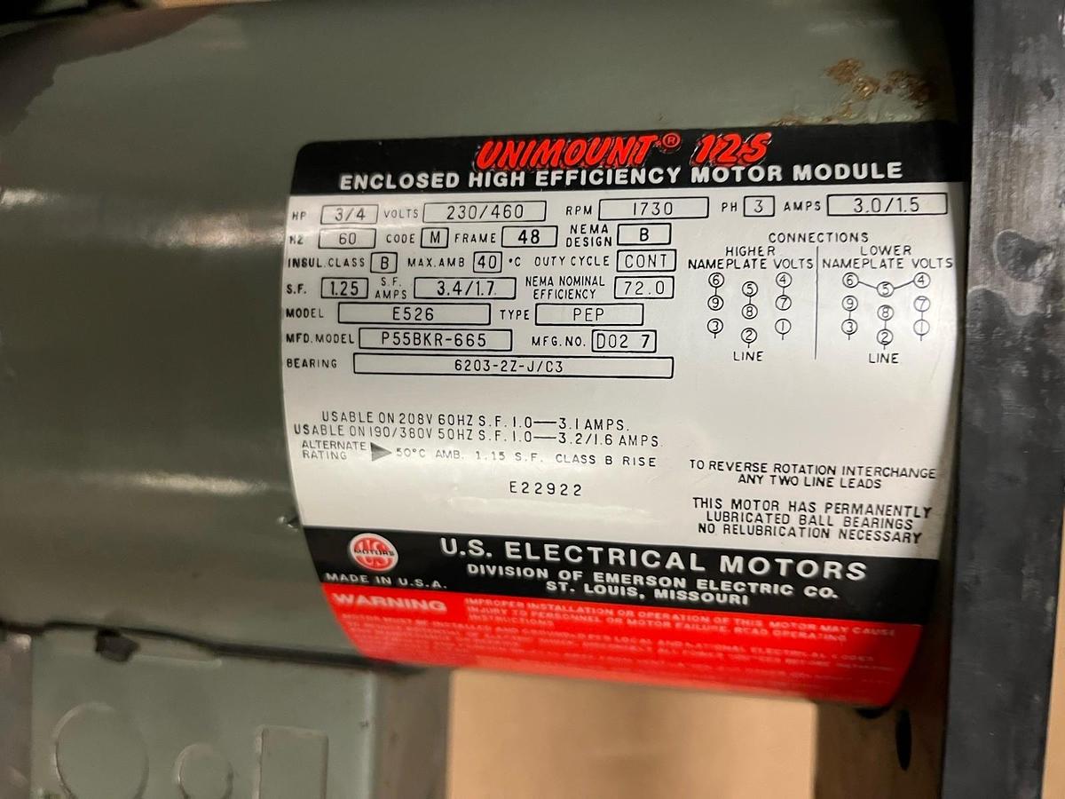 Used US MOTORS,E526,UNIMOUNT 125 MOTOR 3/4HP 1730RPM 480 3PH