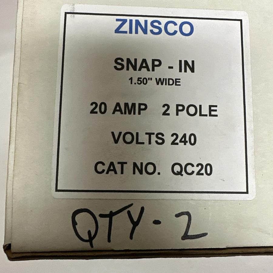 Used Zinsco,QC20,20 Amp 2 Pole 240VAC Circuit Breaker LOT of 2