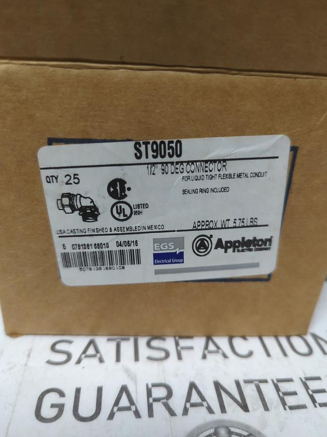 APPLETON,ST9050,1/2 INCH 90 DEG CONDUIT CONNECTORS BOX OF 25 NEW