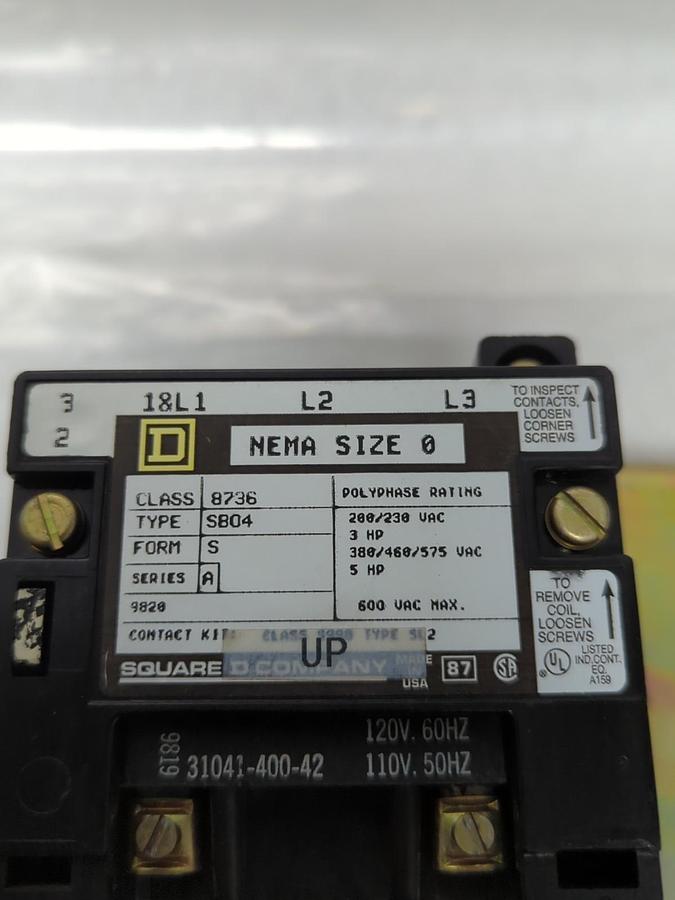 Used SQUARE D,8736-SB04S,CONTACTOR SERIES A SIZE 0 WITH BRACKET PRE-OWNED