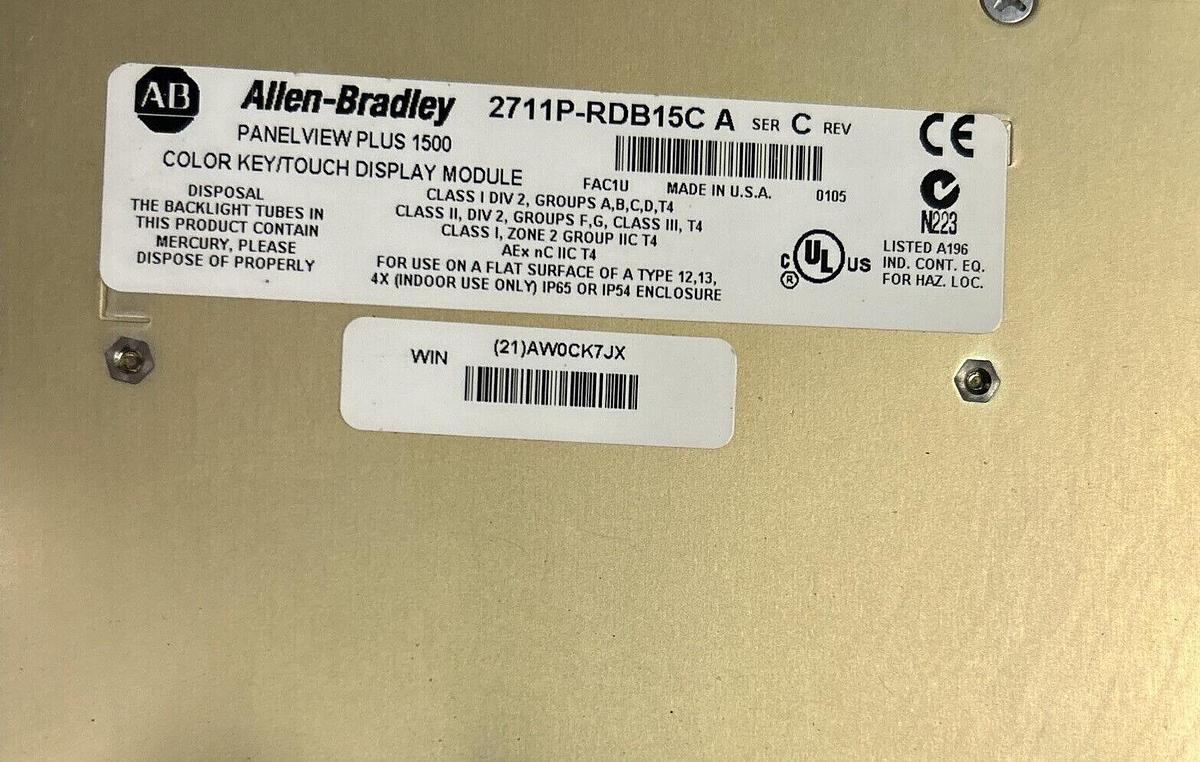 Used ALLEN BRADLEY,2711P-RDB15C,PANELVIEW PLUS 1500 2711P-B15C15B2 / 2711P-RN15S