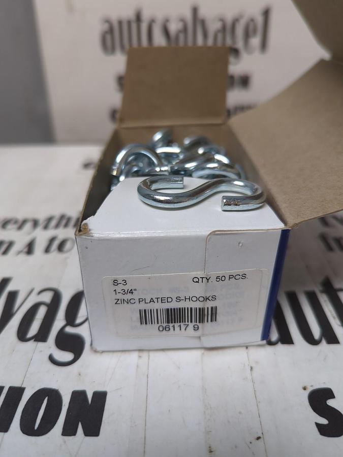 CHICAGO HARDWARE,S-3,1-3/4 INCH ZINC PLATED S-HOOKS BOX OF 50 NOS