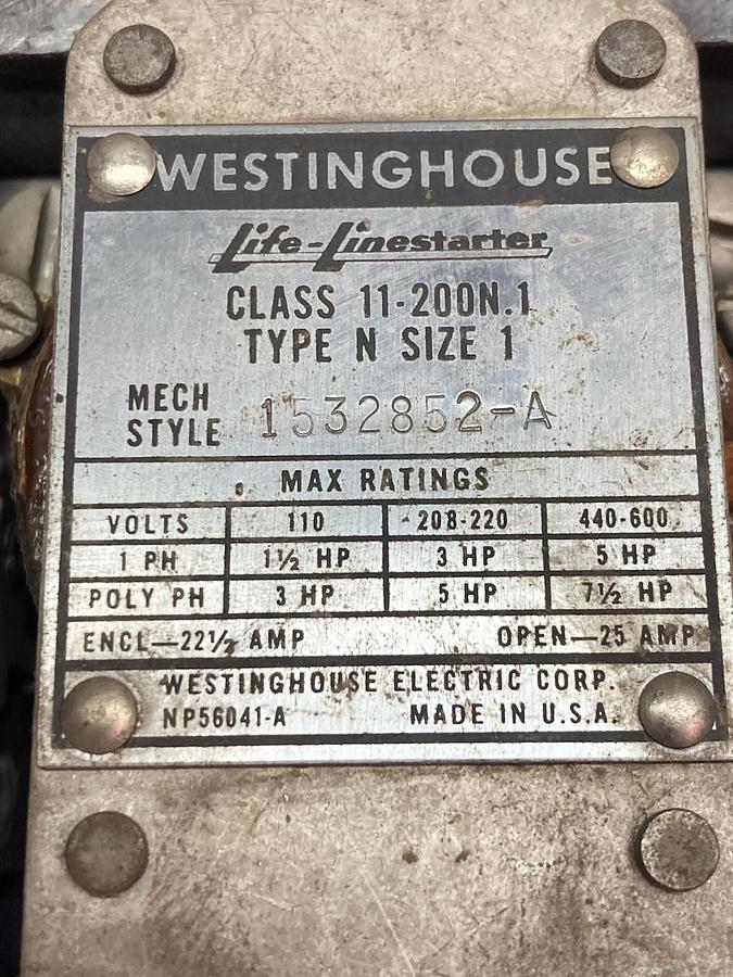 Used Westinghouse,1532852-A,Motor Starter Life-Linestarter Type N Size 1 Cl 11-200N.1