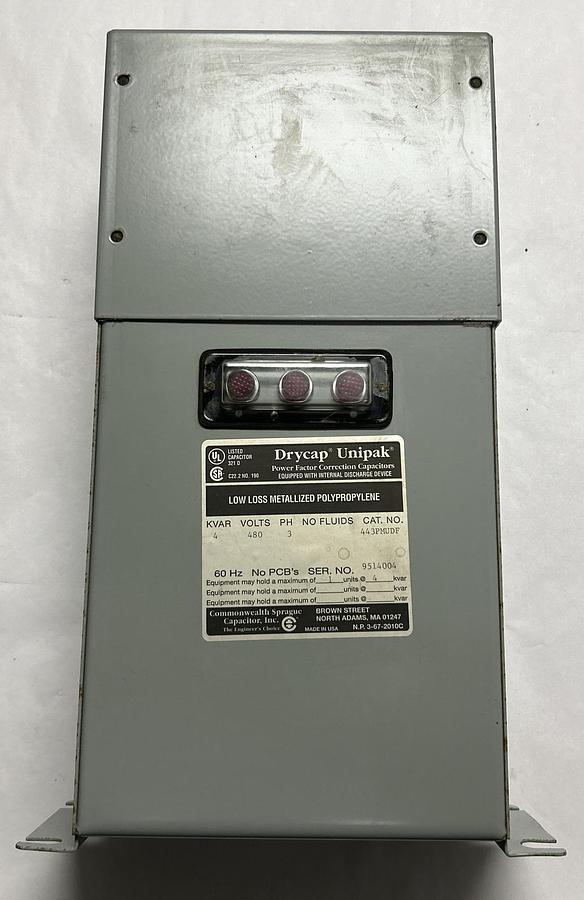 Used COMMONWEALTH SPRAGUE,443PMUDF, CAPACITOR 4KVAR 480V 3PH