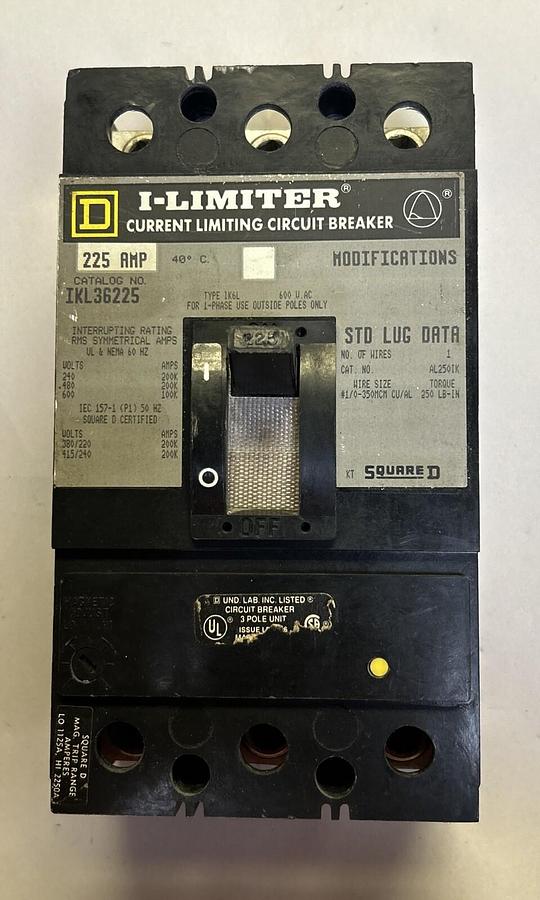 Used SQUARE D,IKL36225,CIRCUIT BREAKER 225A 600V 3P