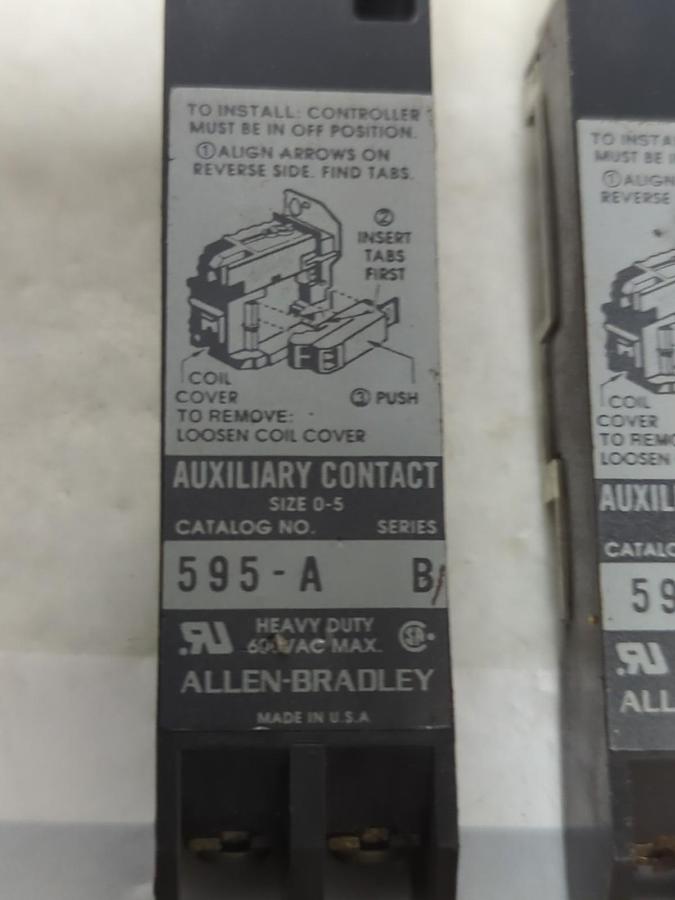 Used ALLEN BRADLEY,595-A,AUXILIARY CONTACT SER B 660VAC SIZE 0-5 LOT OF 10 PRE-OWNED