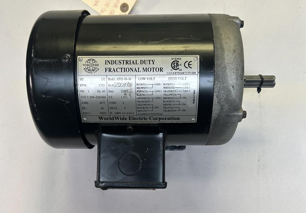 WORLDWIDE ELECTRIC,AT12-18-56,FRACTIONAL MOTOR 1/2HP 1725RPM 208-230/460V 56 FR