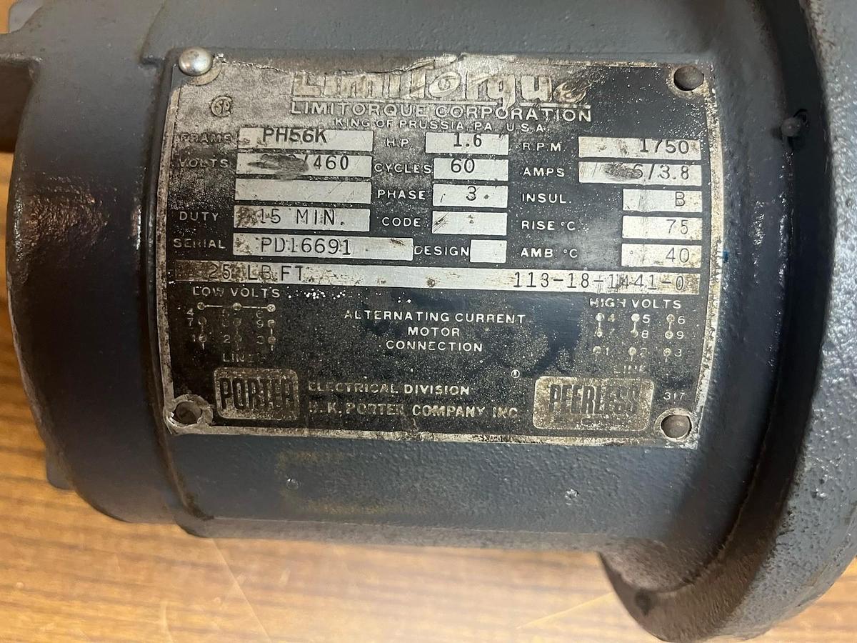 Used LIMITOR,113-18-1441-0,LIMITORQUE GEARMOTOR 1.6HP 1750RPM 460V PH56K 25 LB/FT