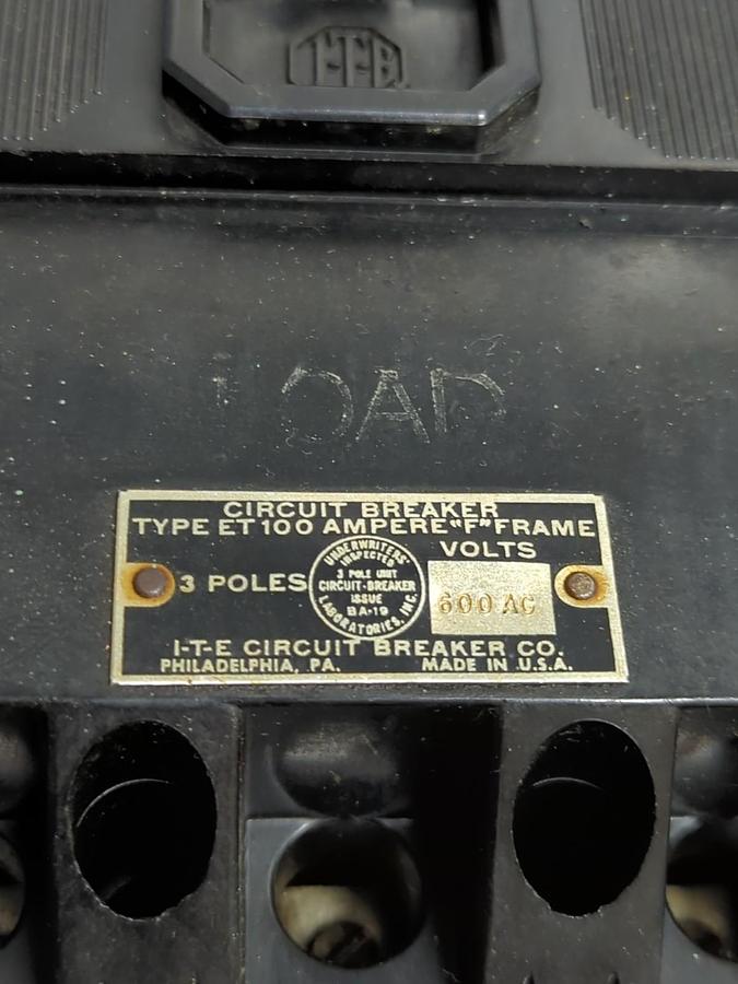 Used I-T-E,ET100,TYPE ET100 AMPERE "F" FRAME CIRCUIT BREAKER 3-POLE PRE-OWNED