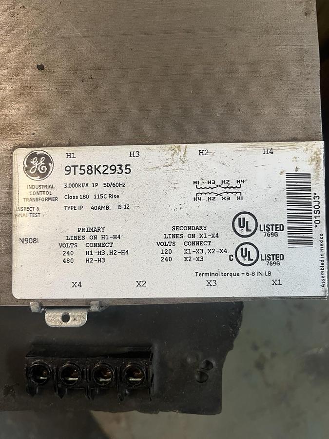 Used GE,9T58K2935,TRANSFORMER 3KVA HV 240X480 LV 120X240 1PH