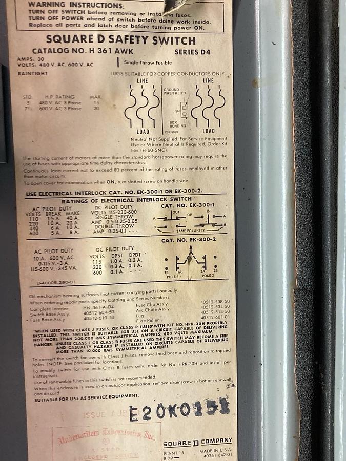 Used Square D,H361AWK,3-Phase Fusible Safety Switch 30A