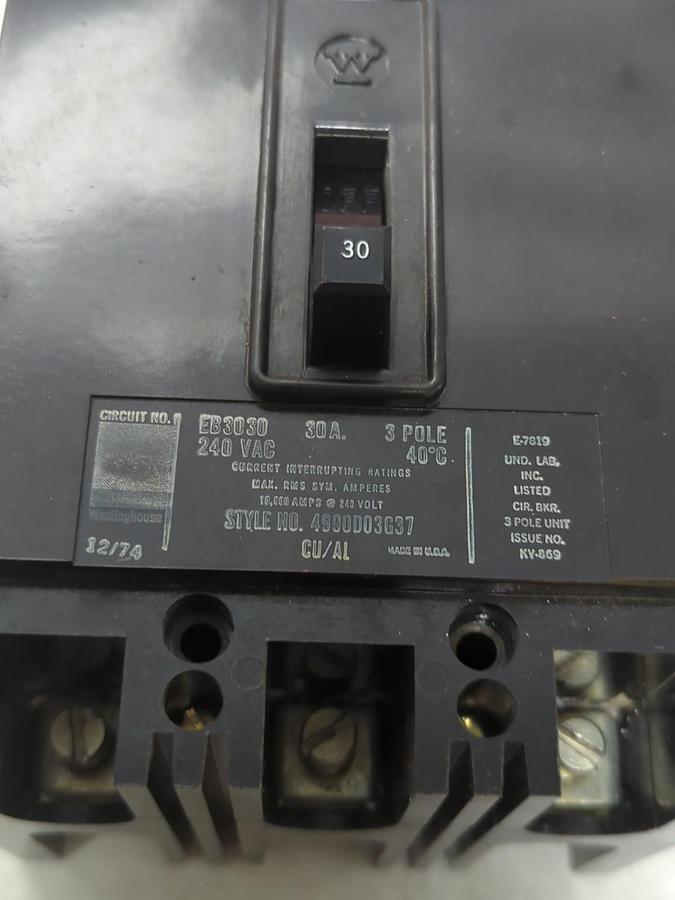 Used WESTINGHOUSE,EB3030,CIRCUIT BREAKER 30 AMP 3-POLE PRE-OWNED