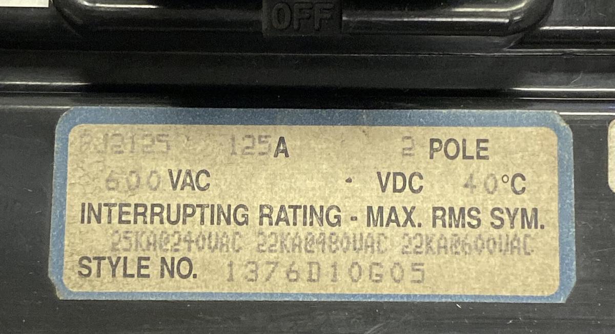 WESTINGHOUSE,RJ2125,CIRCUIT BREAKER 125A 600V 2P NOS