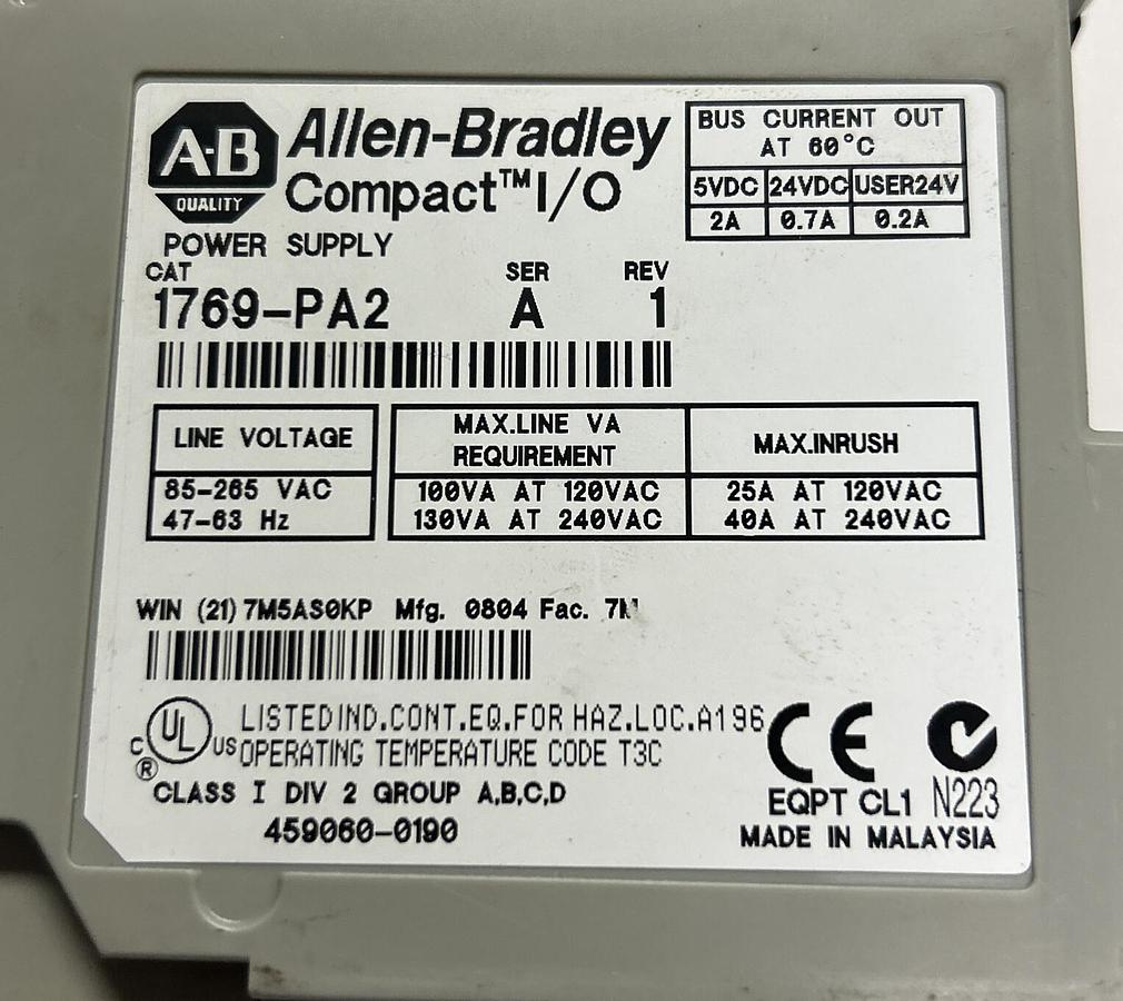 Used ALLEN BRADLEY,1769-PA2,SER A REV 1 POWER SUPPLY