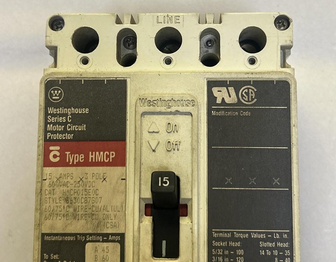 Used WESTINGHOUSE,HMCP015E0C,CIRCUIT BREAKER 15A 600V 3P