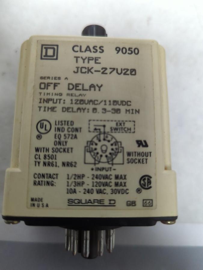 Used SQUARE D,9050 JCK-27V20,TIMING RELAY 0-30 MIN 120VAC/110VDC PRE-OWNED