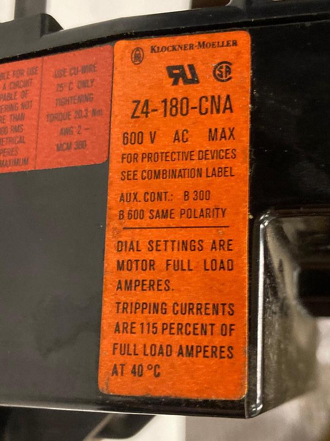 Used Klockner Moeller,Z4-180-CNA,Overload Relay 180A 600VAC