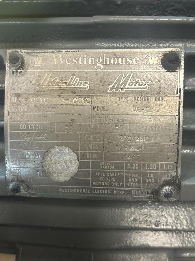 Used WESTINGHOUSE,ABFC,MOTOR 5HP 440V 1730 RPM 3PH 215 FRAME