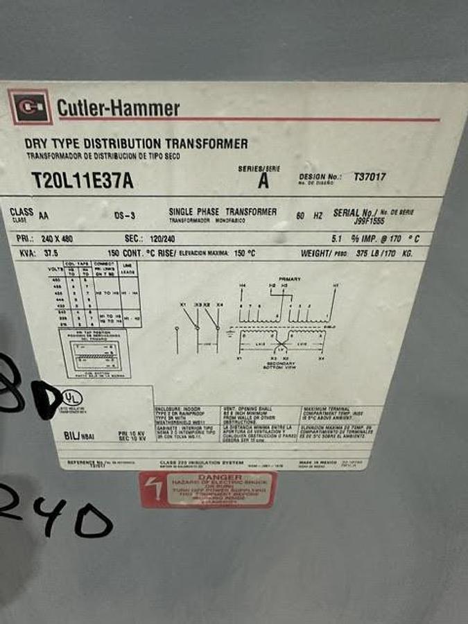 Used Cutler Hammer, T20L11E37A,37.5 KVA Transformer HV 240/480V- LV 120/240V 1PH