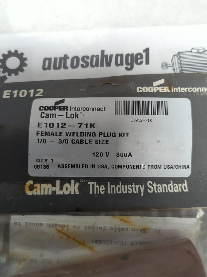 Used COOPER INTERCONNECT,E1012-71K,FM WELDING PLUG KIT 120V 300A 1/0-3/0 CABLE SIZE