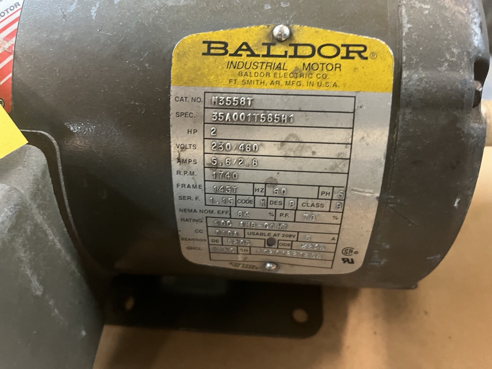 Used BALDOR,M3558T,MOTOR 2HP 230/460V 1740RPM 3PH 145T
