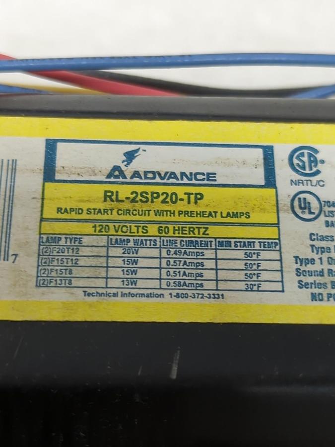 ADVANCE,TL25P20TP,MAGNETIC RAPID START BALLAST 120V 60HZ NOS