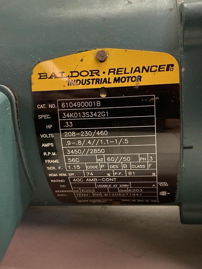 Used Baldor,610490001B,Blower Motor 0.33Hp 208-230/460V 3450/2850RPM