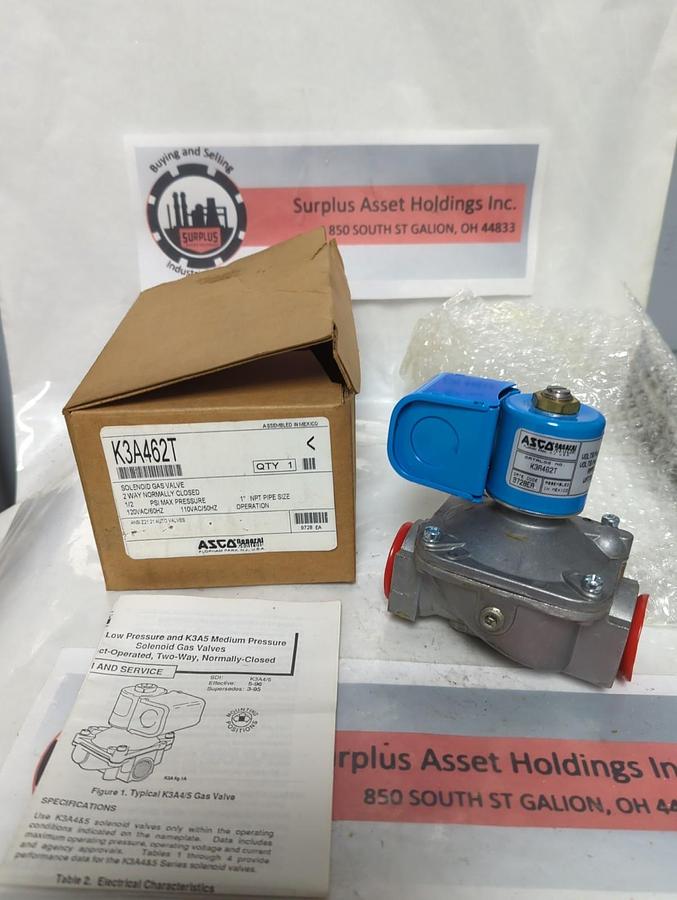 ASCO,K3A762T,2-WAY NORMALLY CLOSED SOLENOID GAS VALVE 1 INCH NPT NOS
