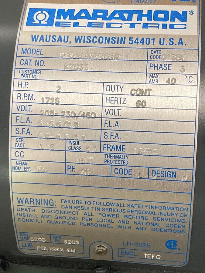 Marathon Electric,5KE48WN8365B,3-Phase Motor 2HP  1725 RPM  208-230/460V