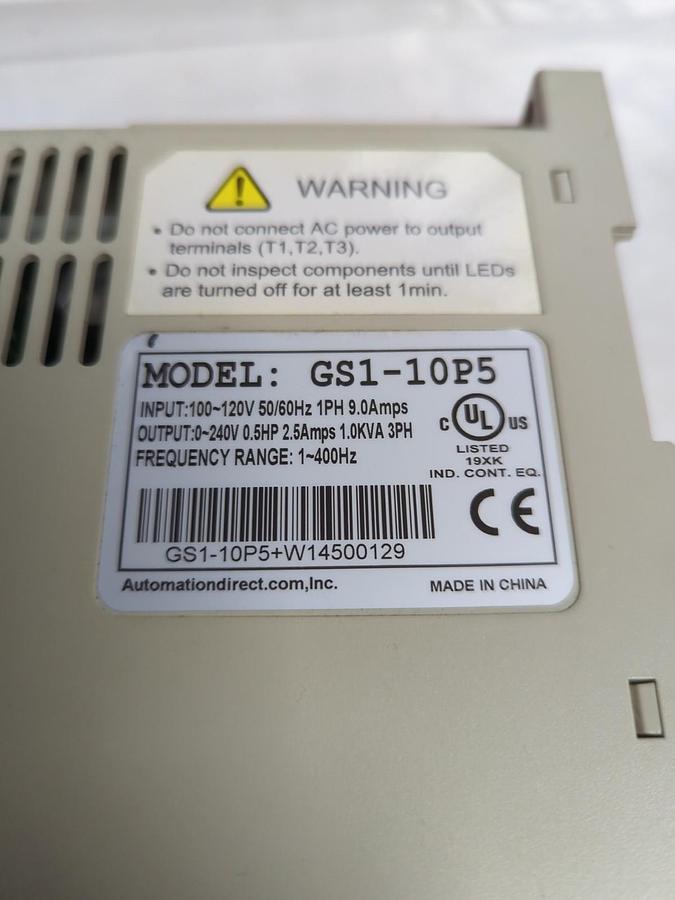 Used AUTOMATION DIRECT,GS1-10P5,AC DRIVE OUTPUT 0-240V 0.5HP 2.5AMPS 1.0KVA 3PH