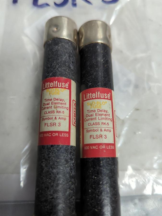 Used LITTELFUSE,FLSR 3,SLO-BLO 3 AMP FUSE LOT OF 2 PRE-OWNED