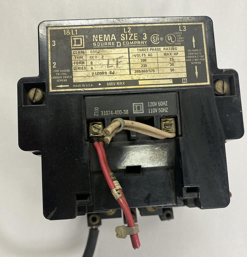 Used Square D,8502 SE02,Nema Size 3 Contactor 600V