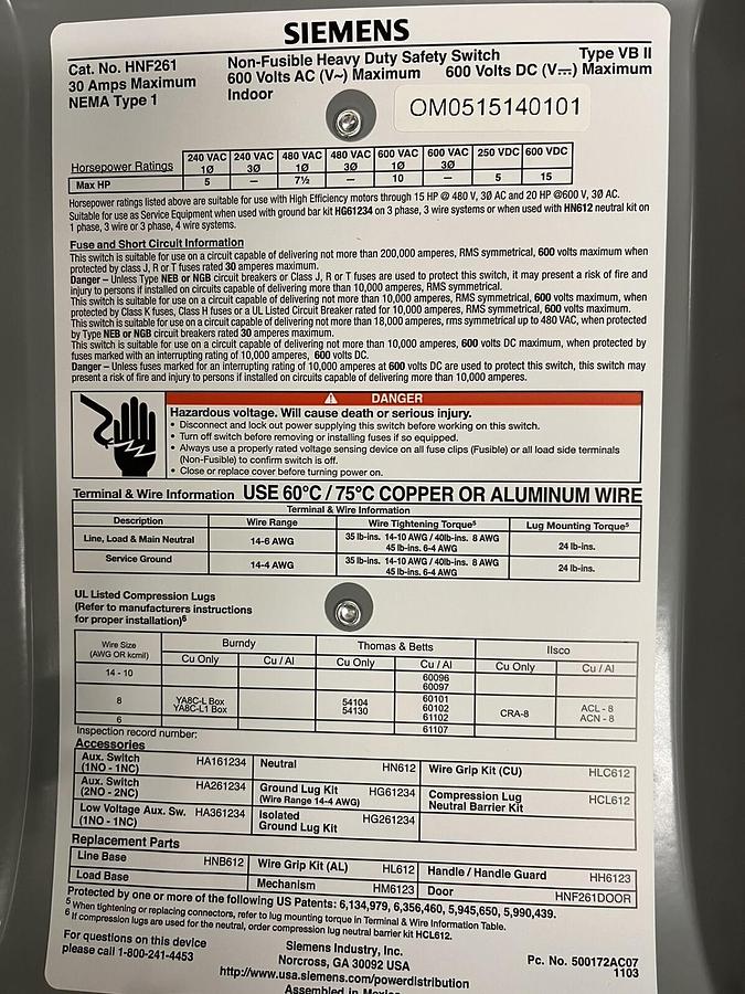 SIEMENS,HNF261,NON FUSED DISCONNECT SAFETY SWITCH 2 POLE 30A 600V