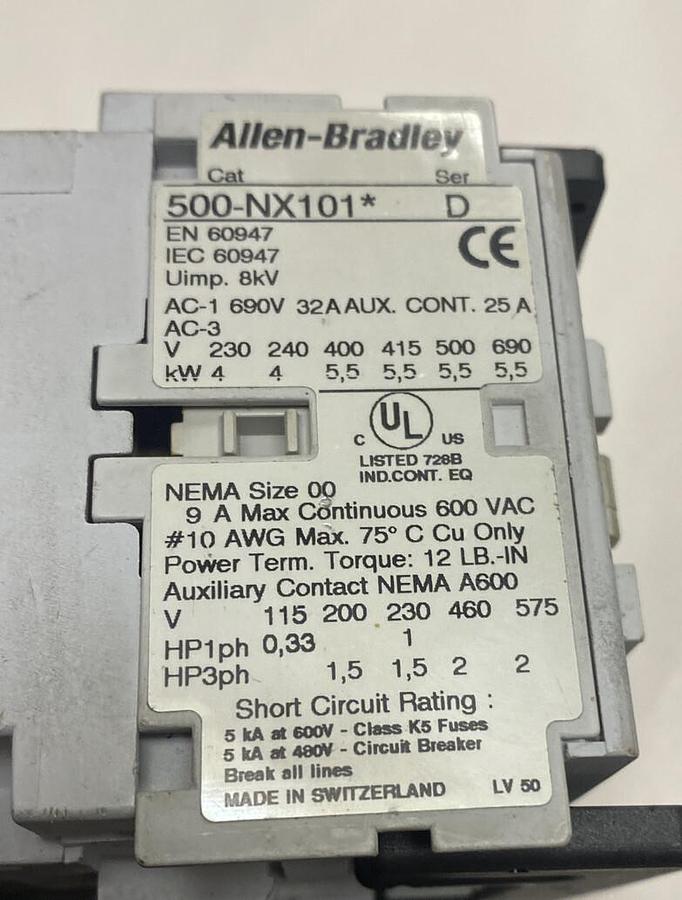 Allen-Bradley,505-T0D,Ser D Reversing Starter Nema Size 00 9AMP 600V