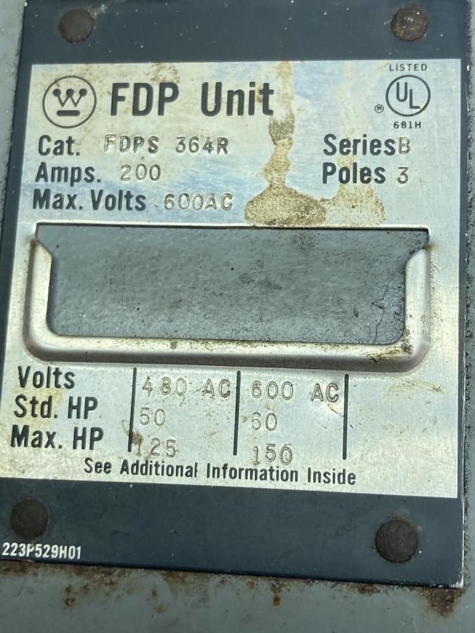 Used Westinghouse,FDPS-364R,3-Pole Fusible Panel 200A Ser B 600VAC