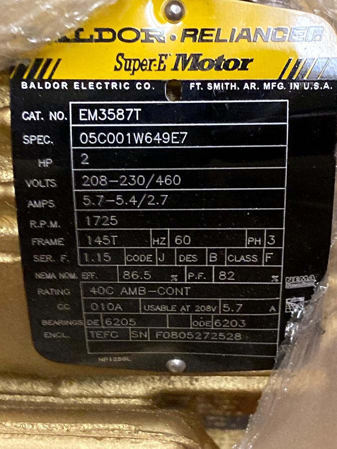 Used Baldor,EM3587T,Super E 2HP Motor 1725 RPM 208-230/460V 145T