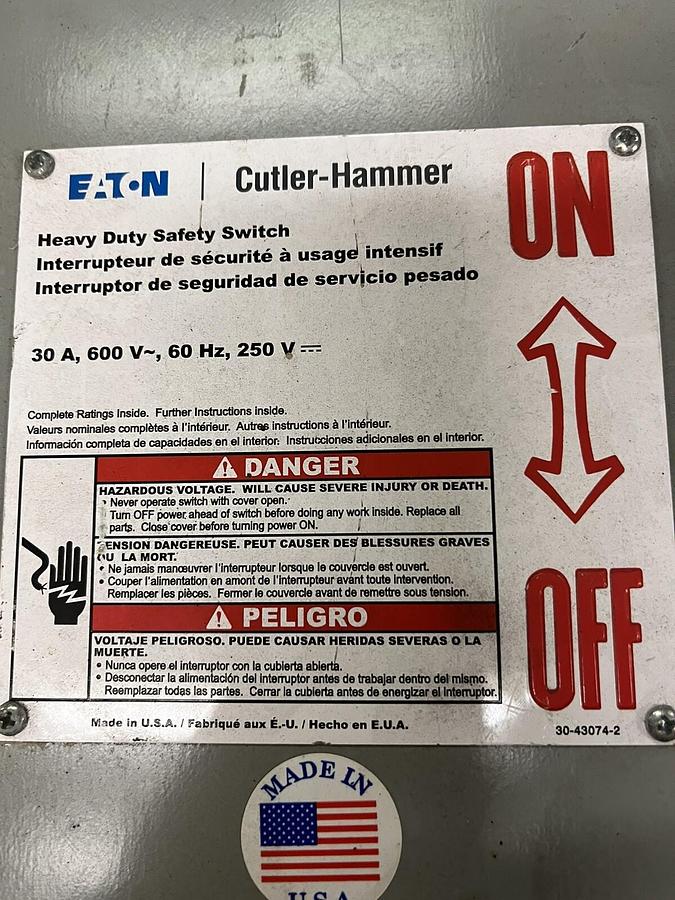 Used EATON,DH361URKN,NON FUSED 30A DISCONNECT SAFETY SWITCH 600V 3P 3PH