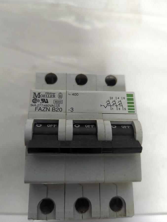 Used KLOCKNER MOELLER,FAZN B20,CIRCUIT BREAKER 3-POLE 5KA-277/480VAC PRE-OWNED