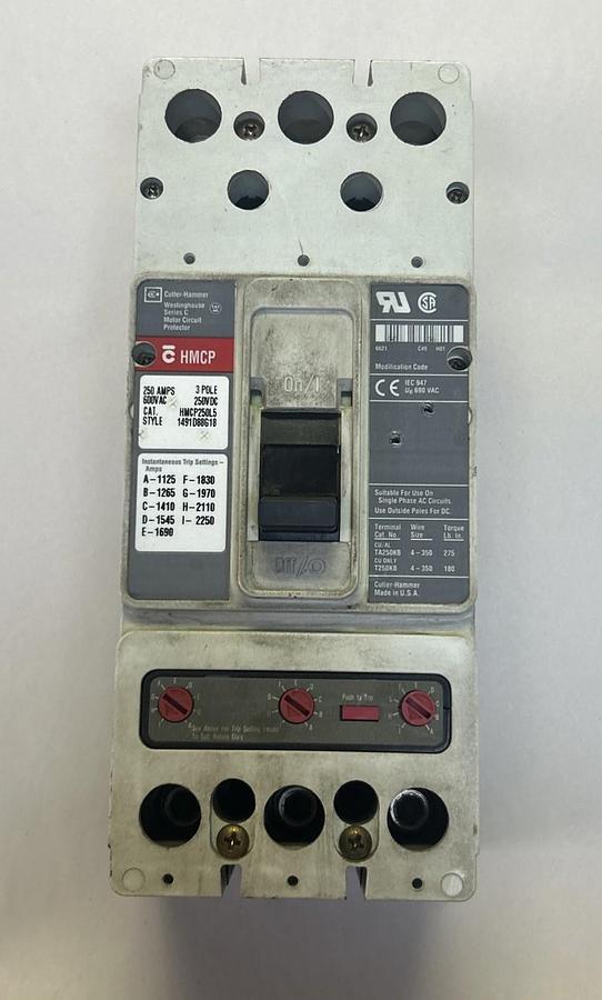 Used CUTLER-HAMMER,HMCP250L5,CIRCUIT BREAKER 250A 600V 3P