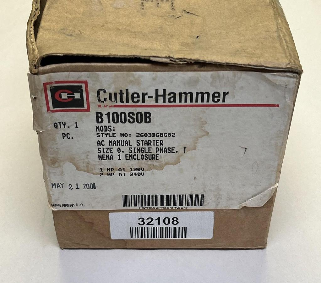 CUTLER-HAMMER,B100S0B,AC MANUAL STARTER SIZE 0 NOS