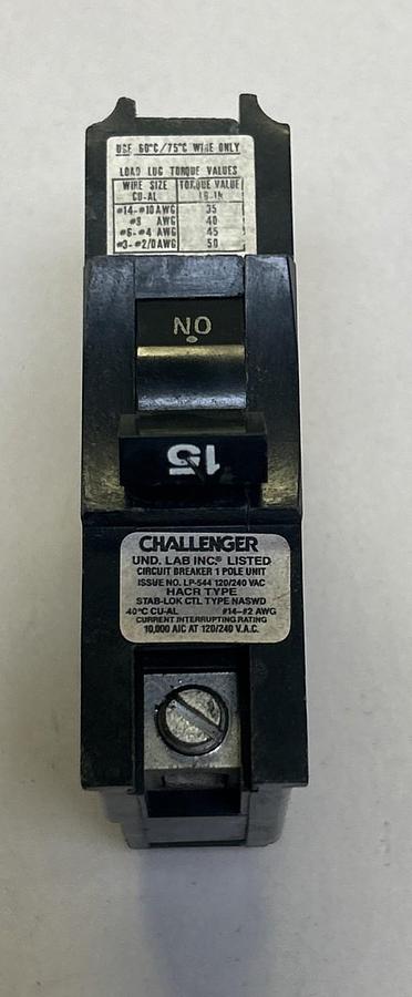 Used CHALLENGER,NASWD115,CIRCUIT BREAKER 15A 120/240V 1P