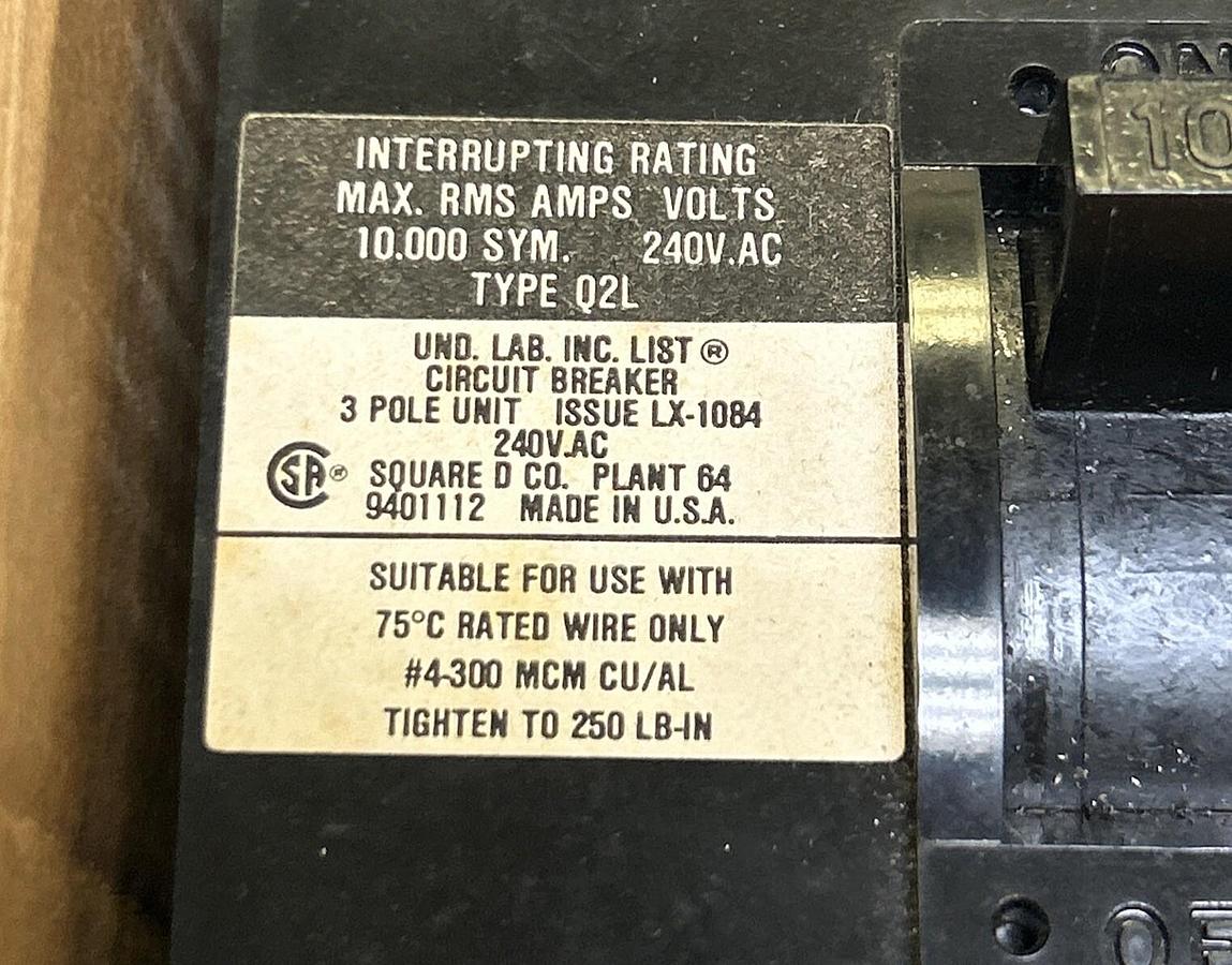 Used SQUARE D,Q2L3100,CIRCUIT BREAKER 100A 240V 3P NEW